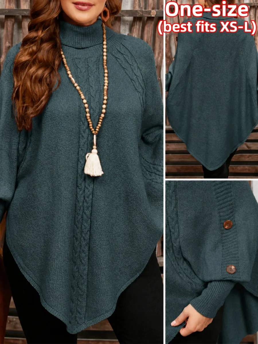 Pull poncho en tricot à col roulé et tresses avec boutons décoratifs pour femme - Imagen 5
