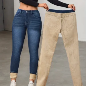 Jean Slim Femme Bleu avec Doublure Chaude Beige