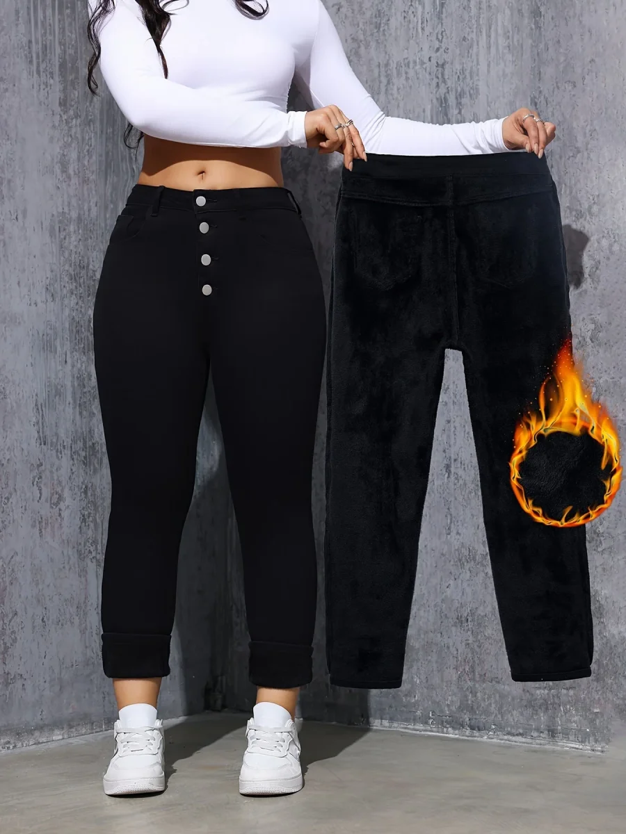 Jean Skinny Femme Noir Taille Haute à Boutons Doublé Chaud - Imagen 3
