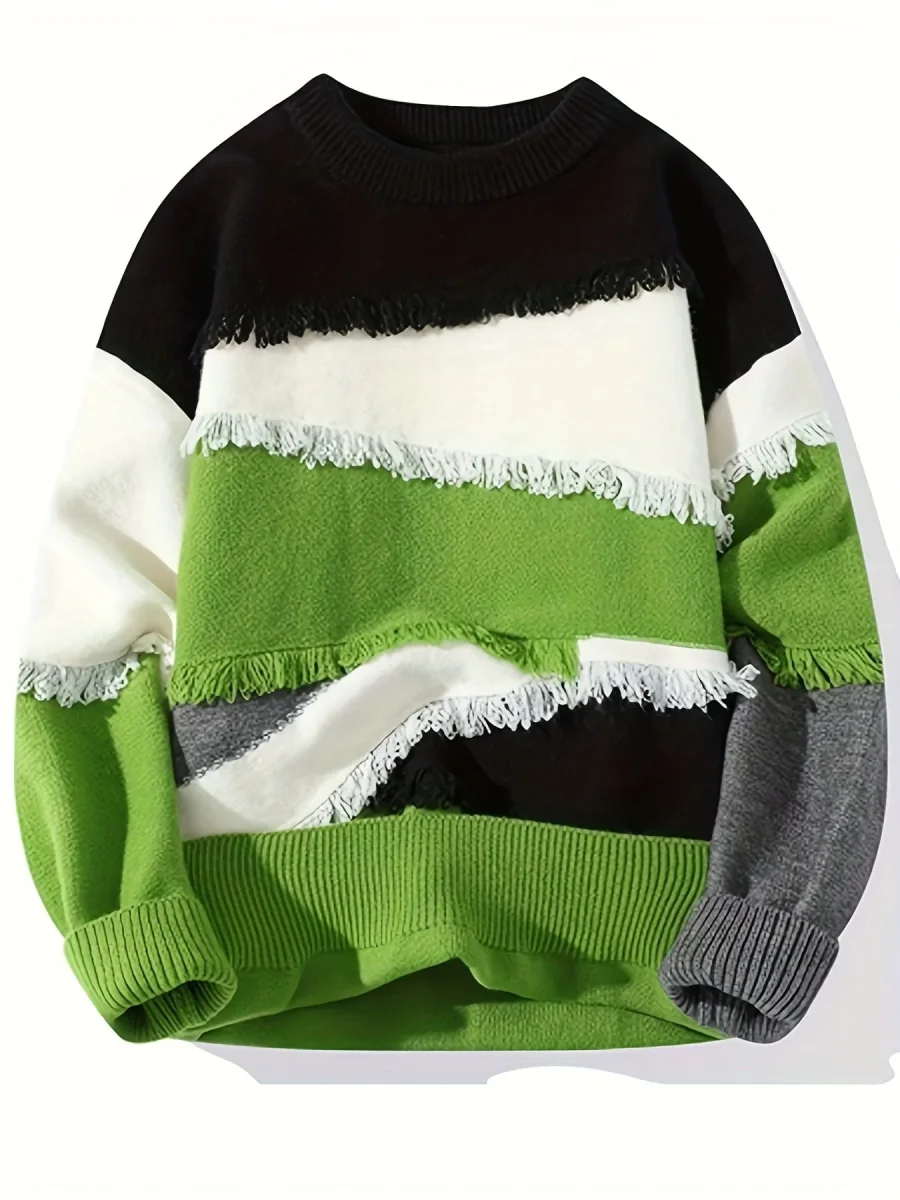 Pull Homme Col Rond Color Block à Franges Tricoté Décontracté - Imagen 4