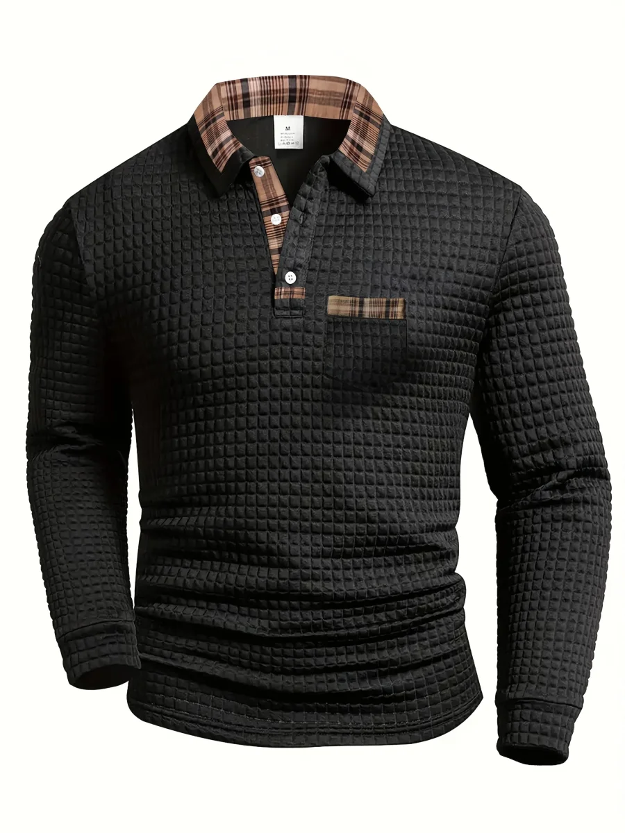 Polo homme à manches longues texturé motif gaufré avec col et poche à carreaux - Imagen 5