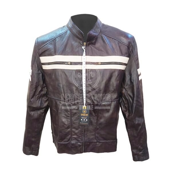 Chaqueta de motorista clásica vintage de cuero genuino marrón con estampado de calaveras. - Imagen 6