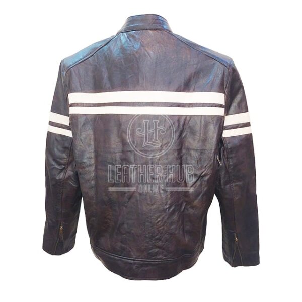 Chaqueta de motorista clásica vintage de cuero genuino marrón con estampado de calaveras. - Imagen 8