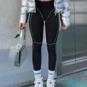 Legging Femme Noir à Coutures Contrastantes Taille Haute