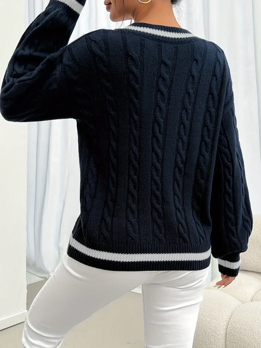Pull col V torsadé rayé pour femme - Manches longues bouffantes - Imagen 5