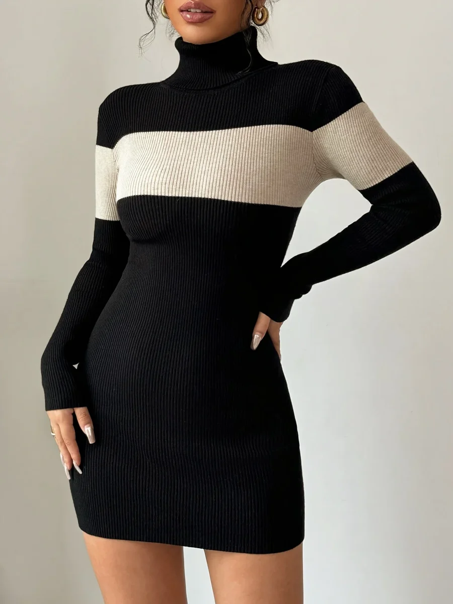 Robe pull moulante côtelée à col roulé femme bicolore noir et écru - Imagen 6