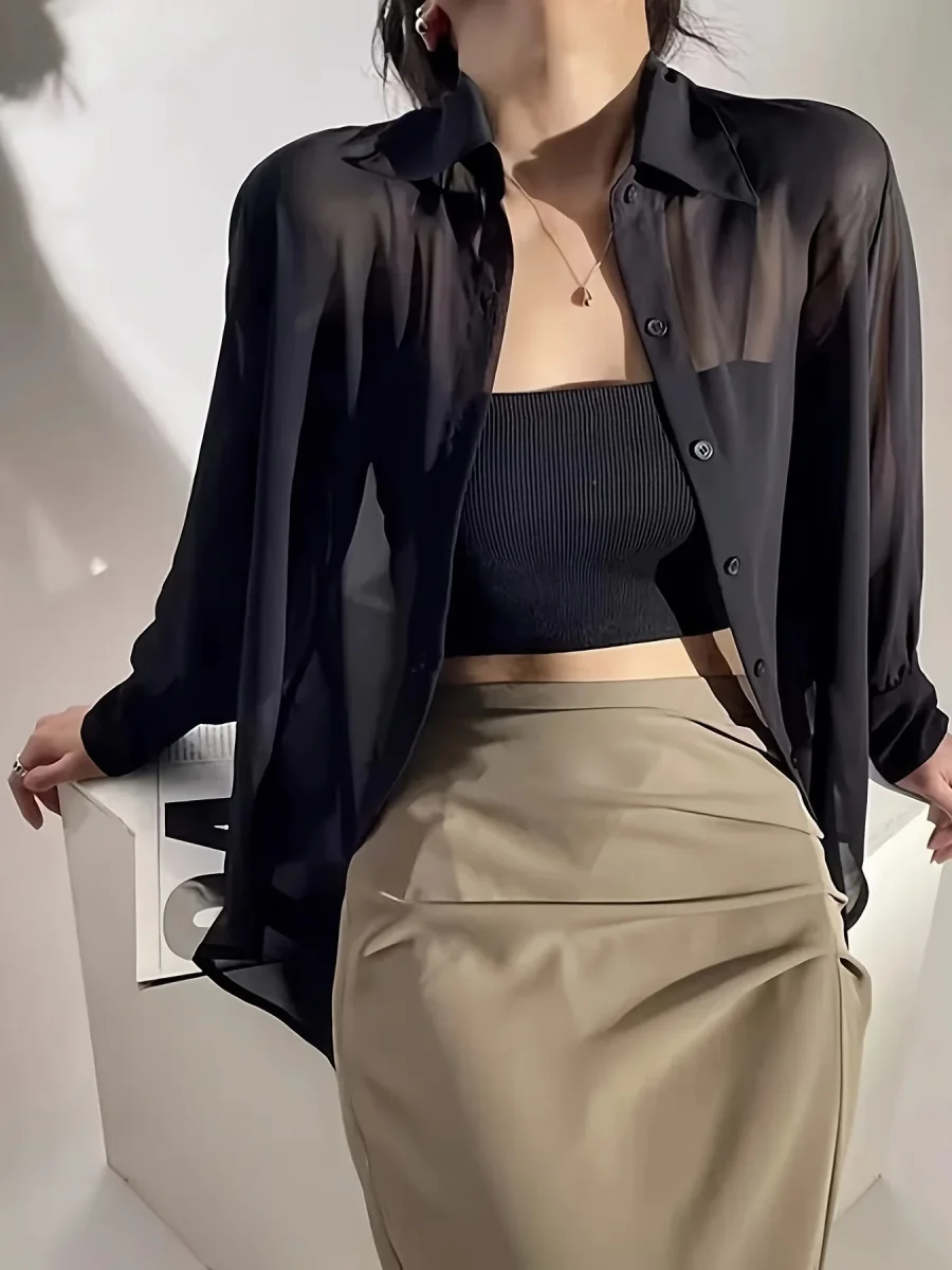 Chemise ample femme style décontracté boutonnée, idéale superposition élégante - Imagen 9