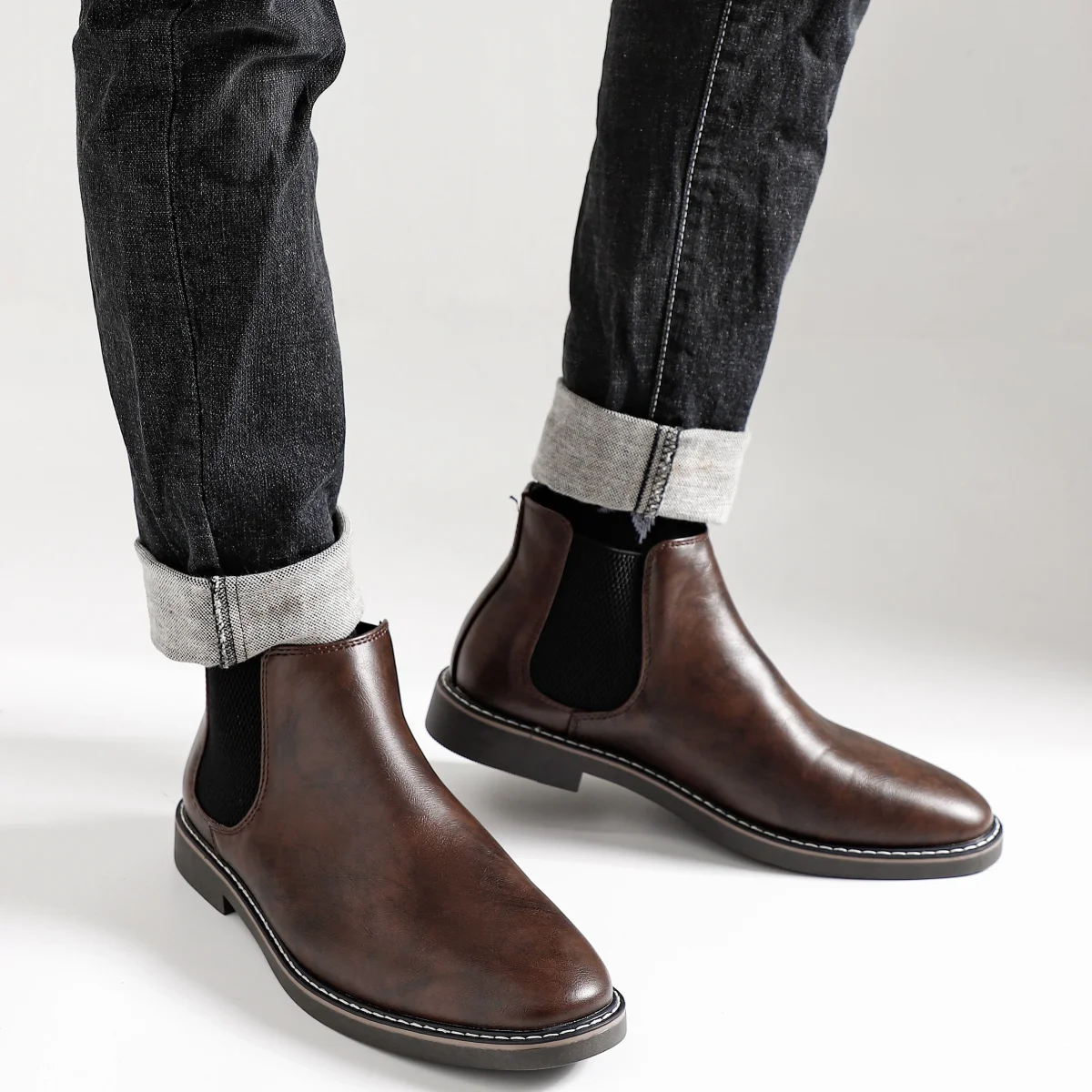 Bottes Chelsea Homme Marron Foncées Élastiquées Style Classique - Imagen 8