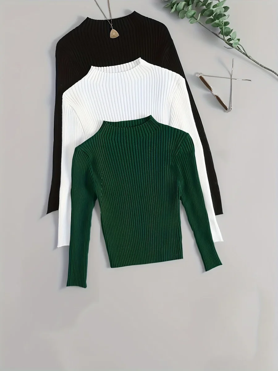 Pull côtelé à col montant pour femme, manches longues - Imagen 8