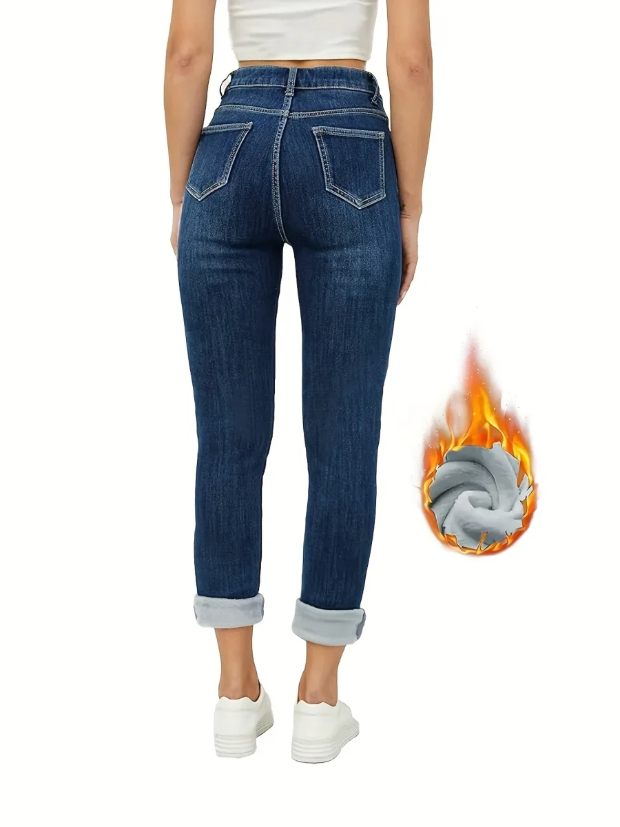 Jean Femme doublé polaire coupe droite bleu foncé chaud - Imagen 4