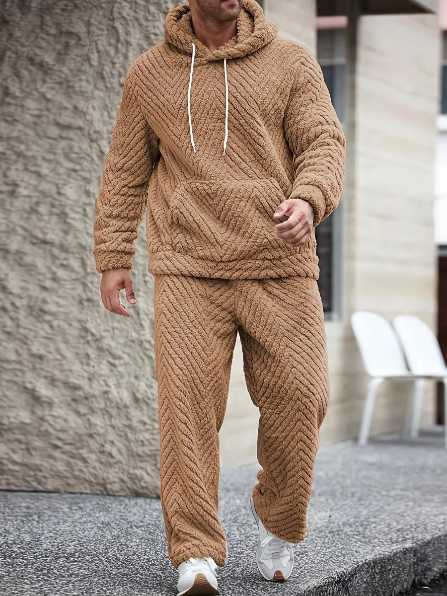 Ensemble Homme Doux Motif Chevrons Capuche Kaki Clair - Imagen 7