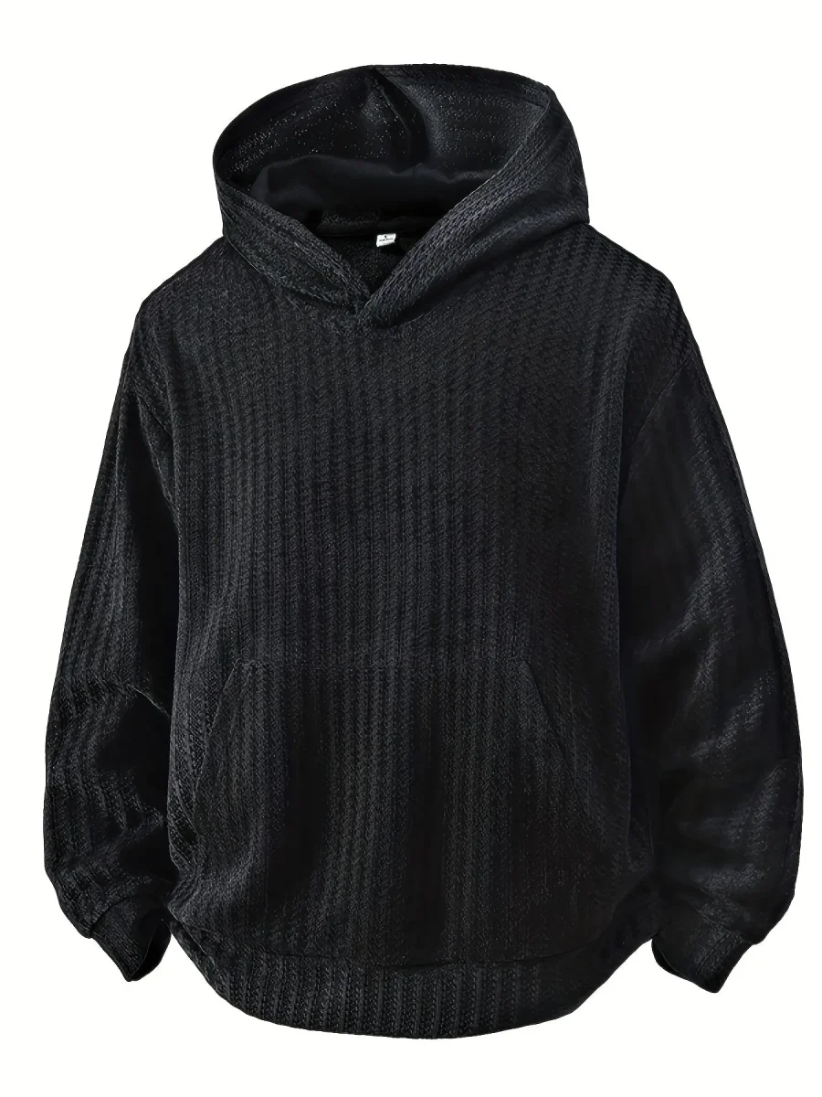 Sweat à Capuche Texturé Noir Oversize avec Poche Kangourou pour Homme - Imagen 2