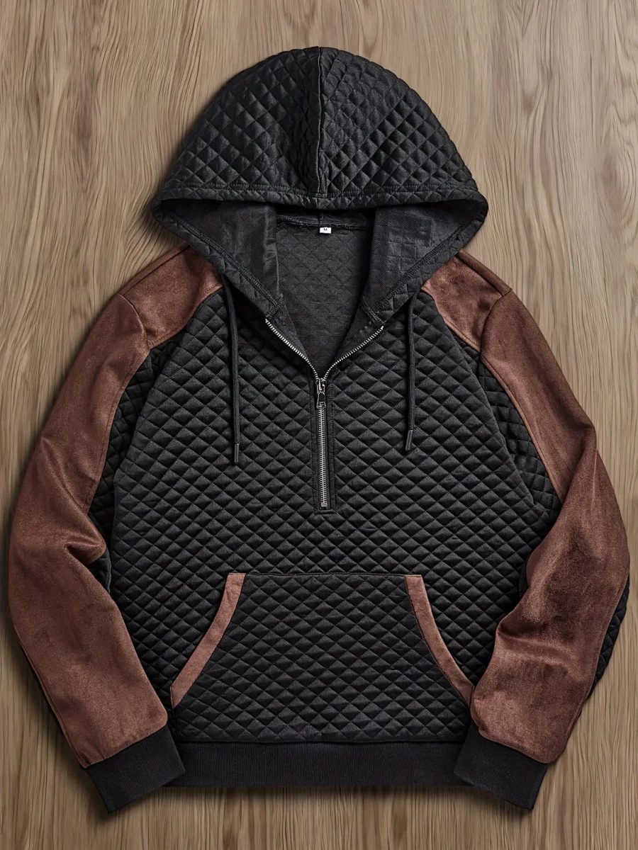 Sweat à Capuche Homme matelassé Noir Marron à Demi-Zip - Imagen 6
