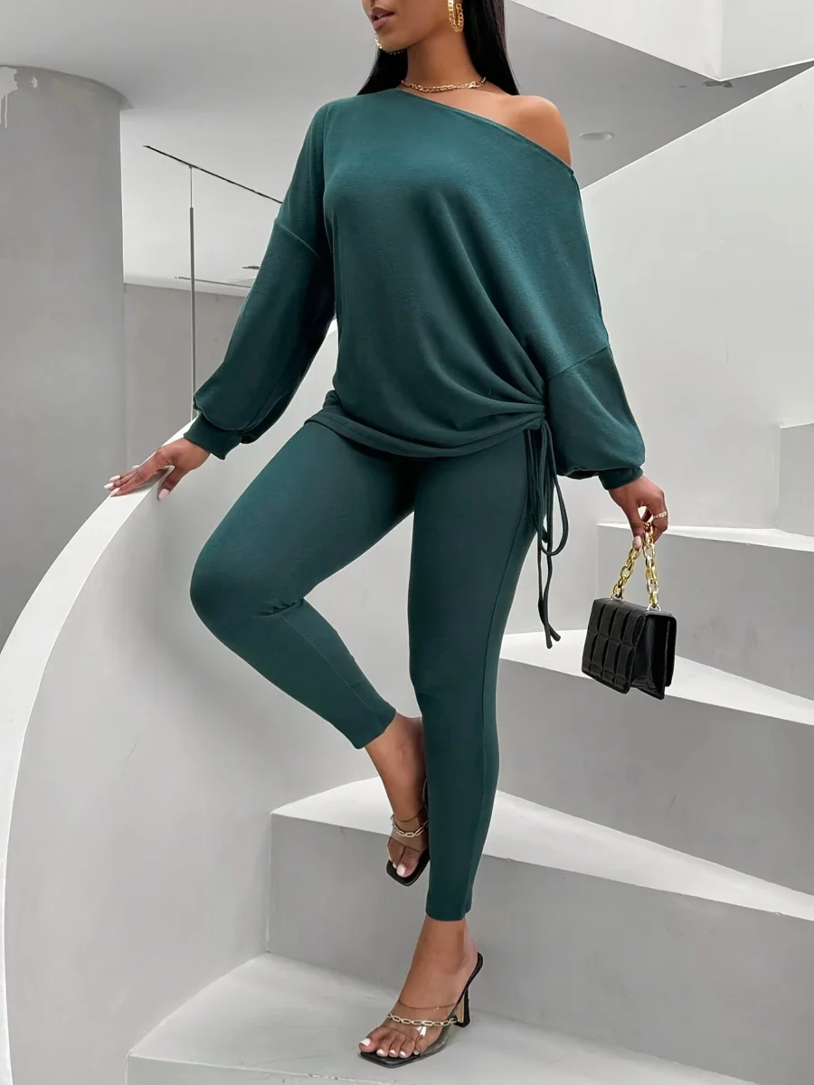 Ensemble pull col bateau et legging côtelé femme vert foncé - Imagen 5