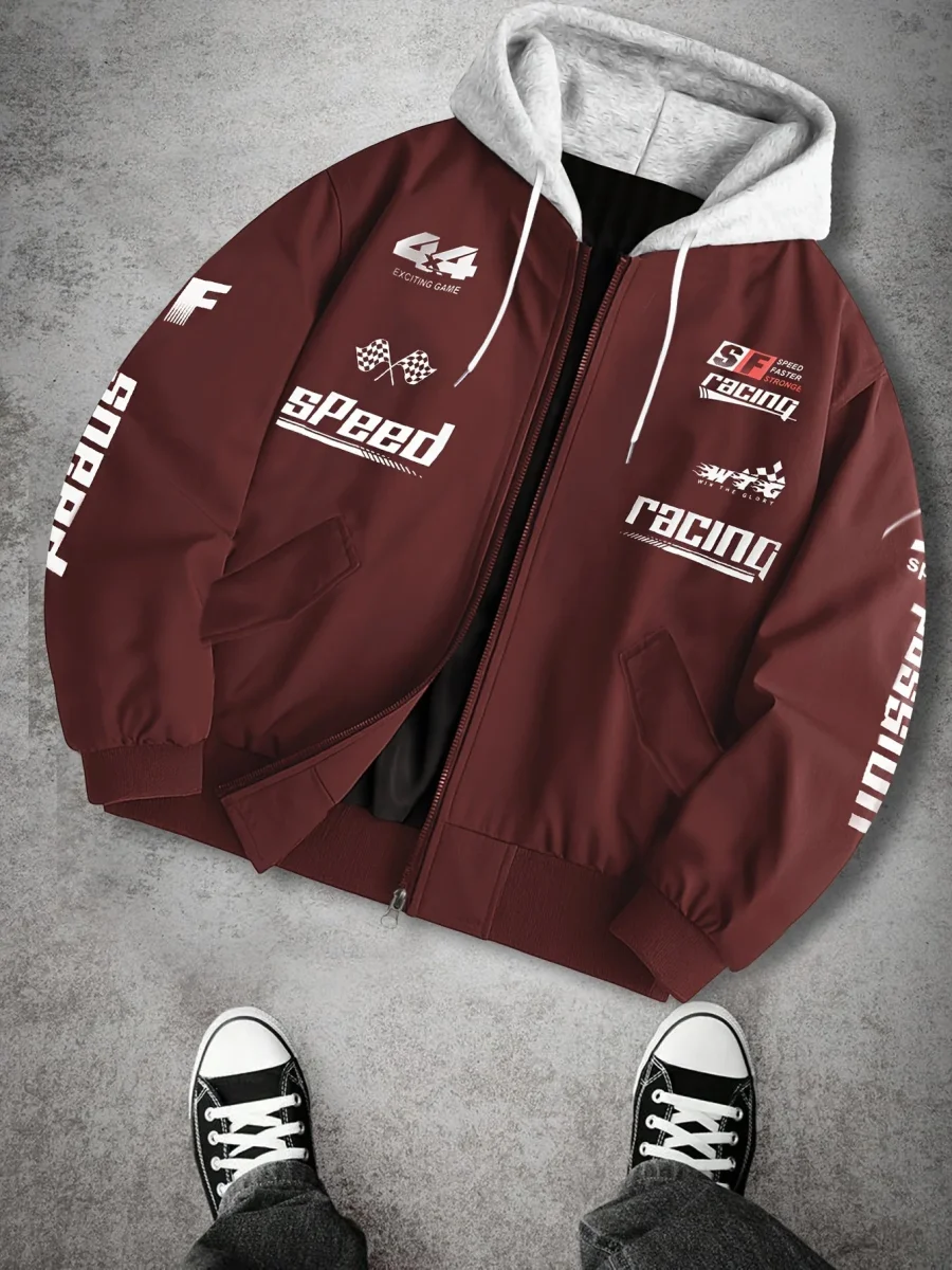 Blouson Bomber Homme Capuche Amovible Zippé avec Imprimés Racing Vert Clair - Imagen 4