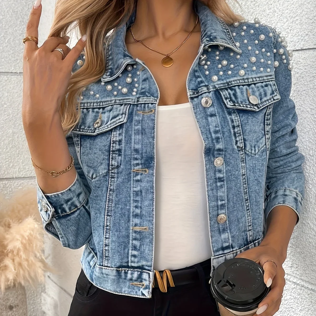 Veste en Jean Femme Bleue Décorée de Perles Manches Longues - Imagen 7