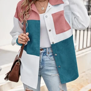 Veste Chemise Femme Blocs de Couleurs Velours Côtelé Boutons Col Chemise Manches Longues