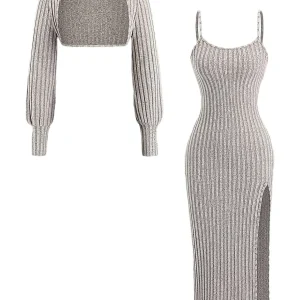 Ensemble Robe Midi Bretelles Fines & Boléro Court Manches Longues Maille Côtelée