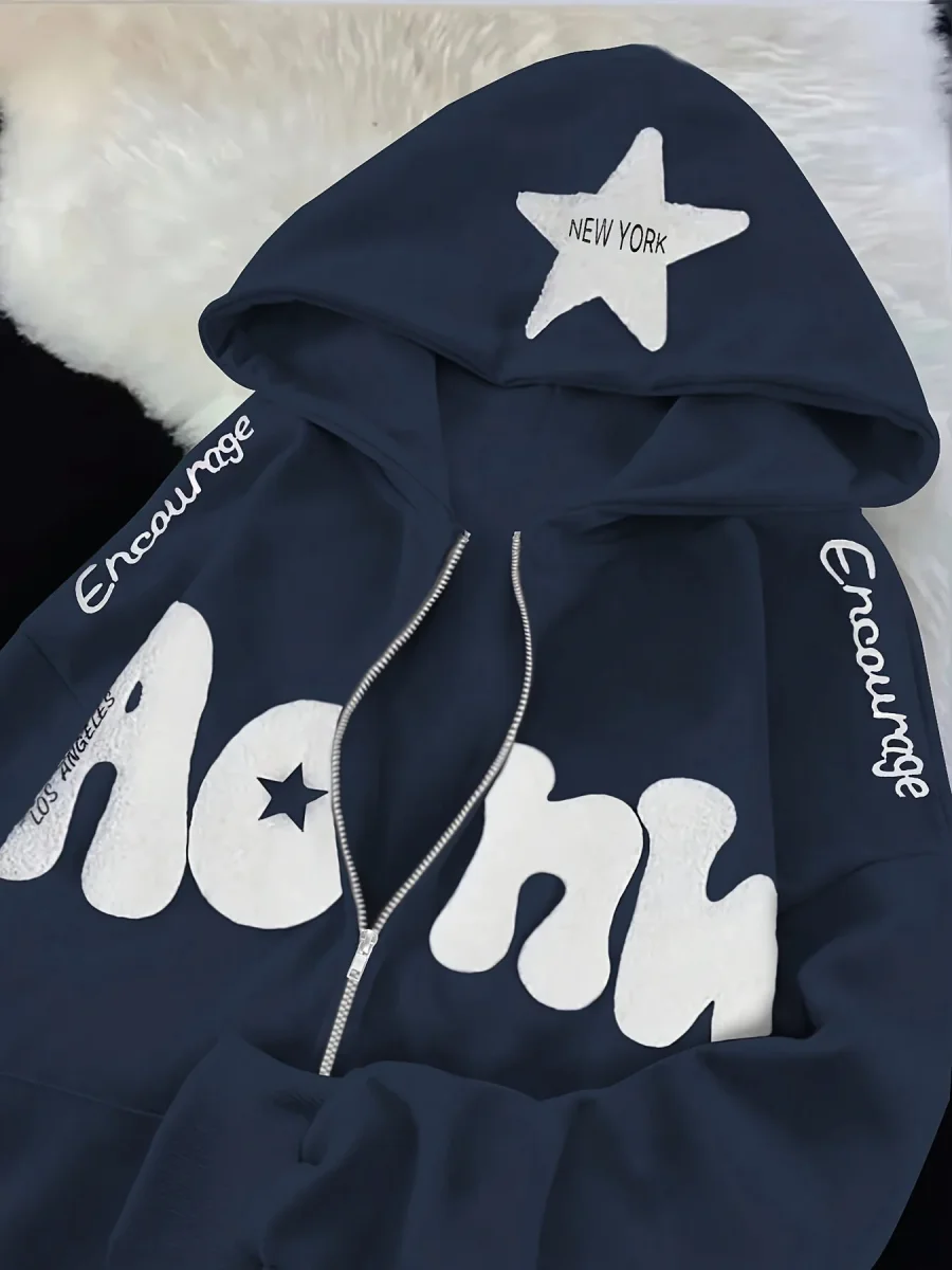Sweat à Capuche Zippé Femme Rose Vif Étoile New York Lettrage Noir - Imagen 3