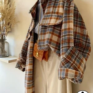 Surchemise à carreaux oversize Femme marron beige bleue décontractée