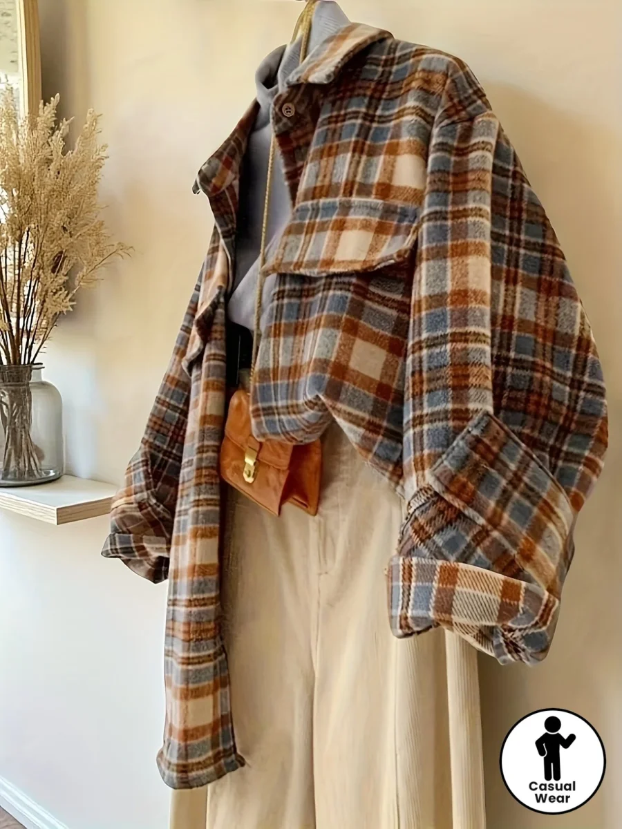Surchemise à carreaux oversize Femme marron beige bleue décontractée - Imagen 2