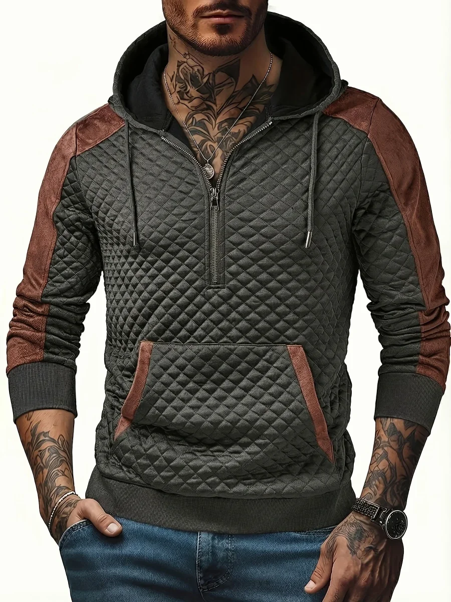 Sweat à Capuche Homme matelassé Noir Marron à Demi-Zip - Imagen 8