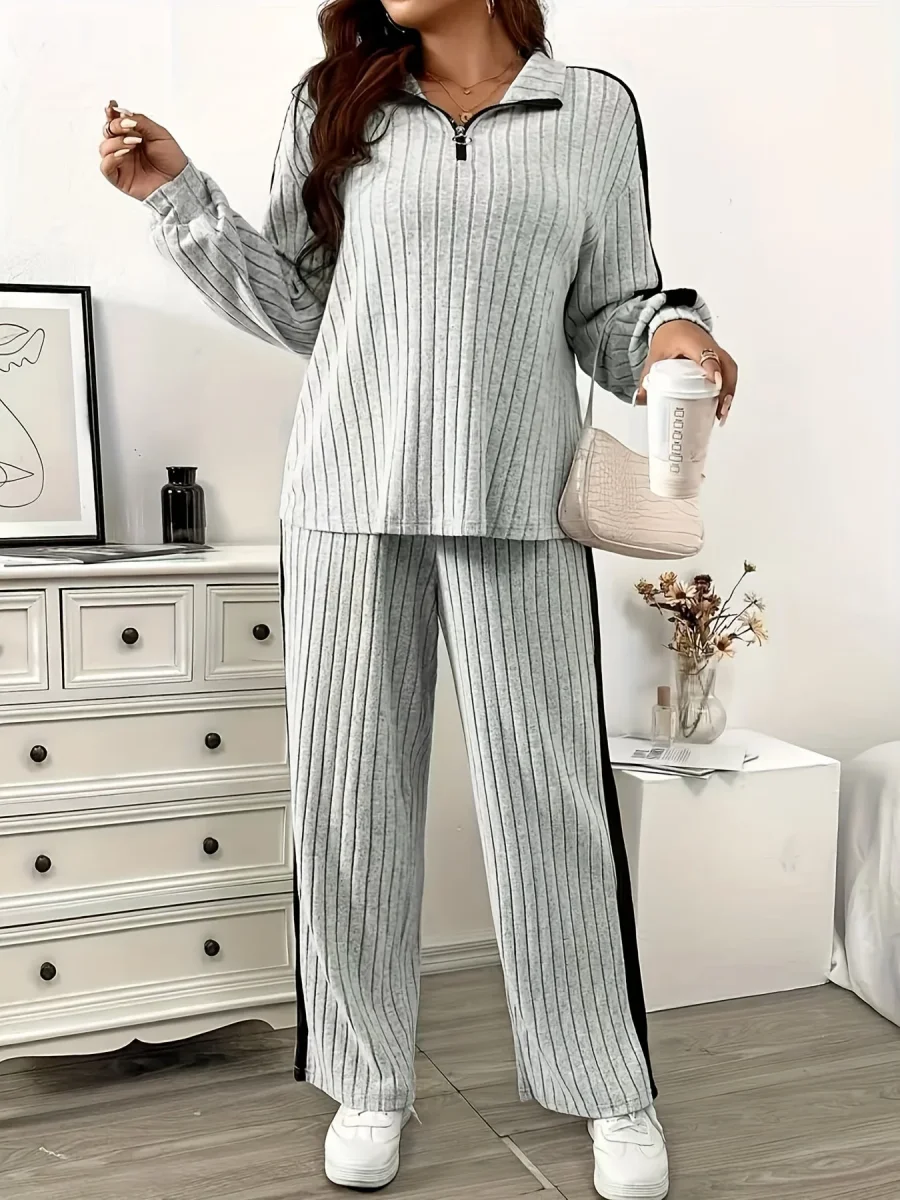 Ensemble côtelé Femme col zippé rayures latérales contrastantes - Imagen 8
