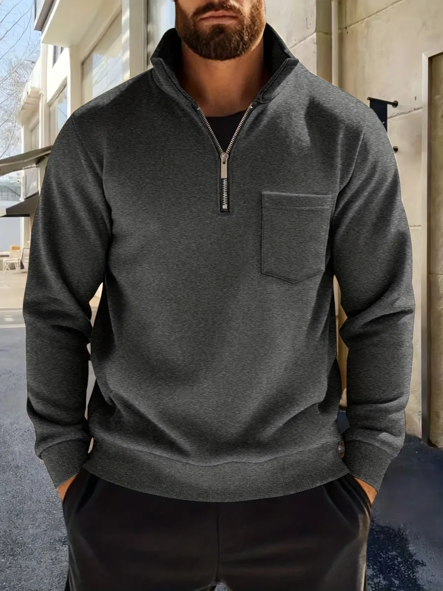 Sweat-shirt Homme Col Montant Zippé avec Poche Poitrine Couleur Unie - Imagen 8