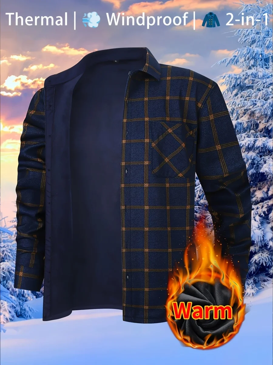 Men's Fleece-Lined Plaid Button-Up Shirt Jacket - Imagen 2