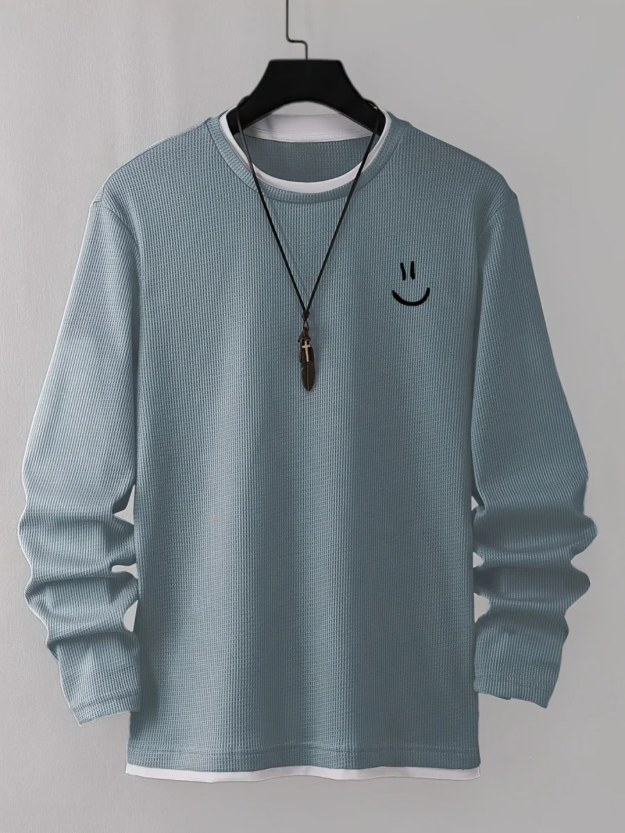 Pull homme texturé gaufré manches longues imprimé smiley col rond - Imagen 3