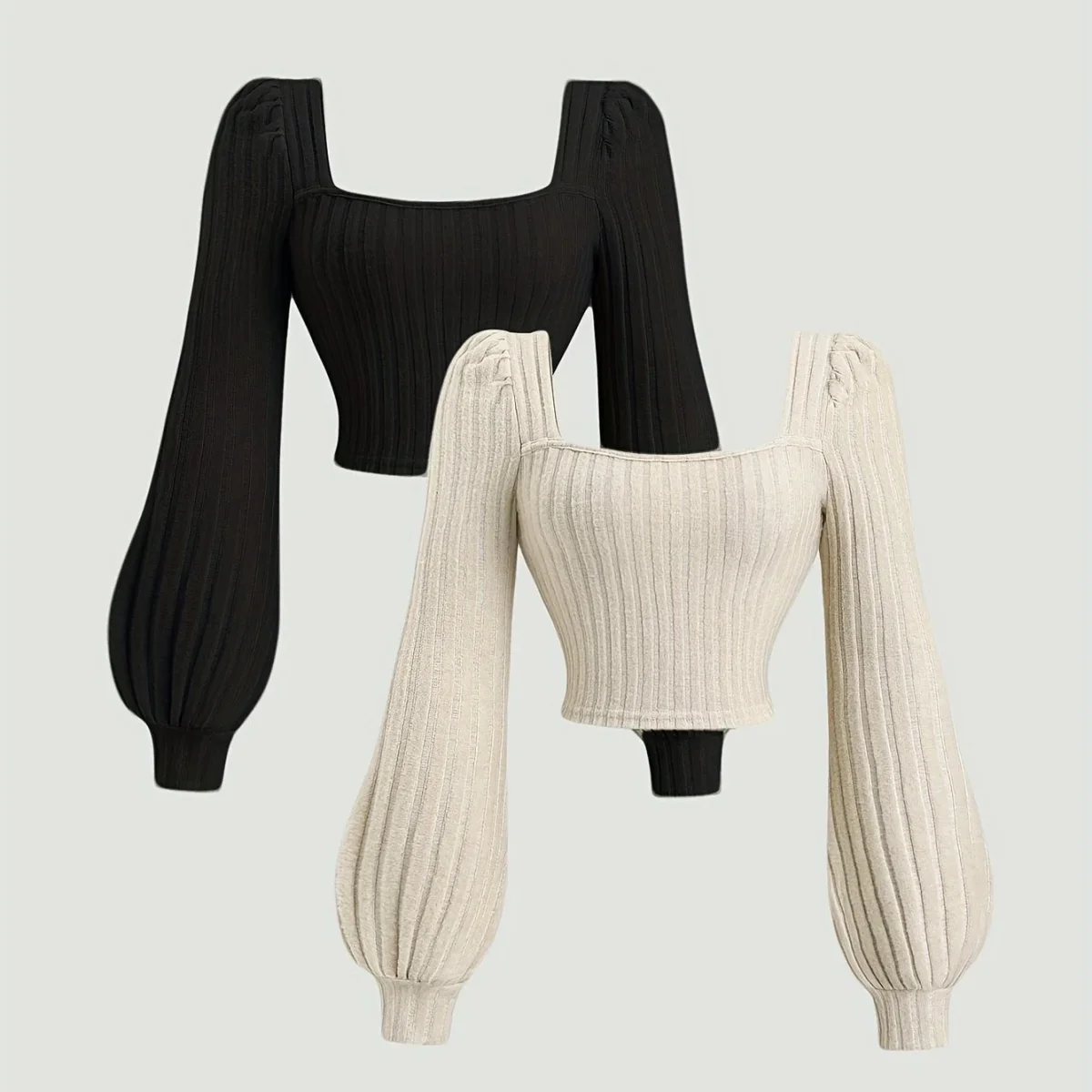 Haut côtelé court femme manches longues bouffantes col carré - Imagen 7