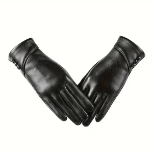Gants Élégants Noirs avec Détail Boutons pour Femme