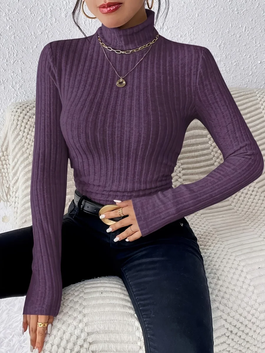 T-shirt Femme Col Montant Nervuré Manches Longues Noir - Imagen 7