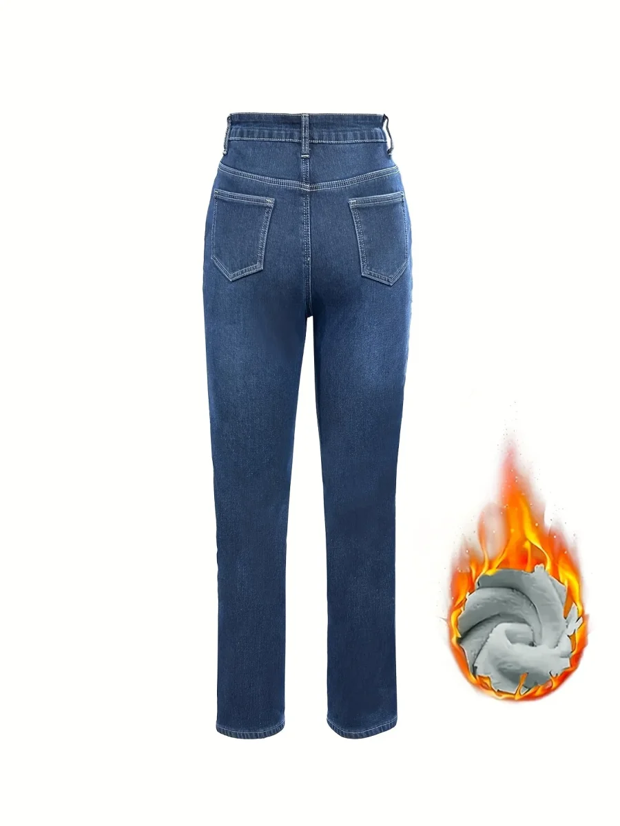 Jean Femme doublé polaire coupe droite bleu foncé chaud - Imagen 7