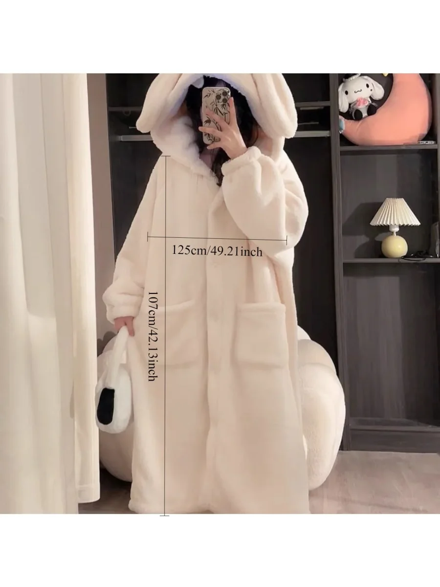 Robe de chambre longue Femme à capuche Oreilles de lapin Blanc cassé Doux Polaire - Imagen 4