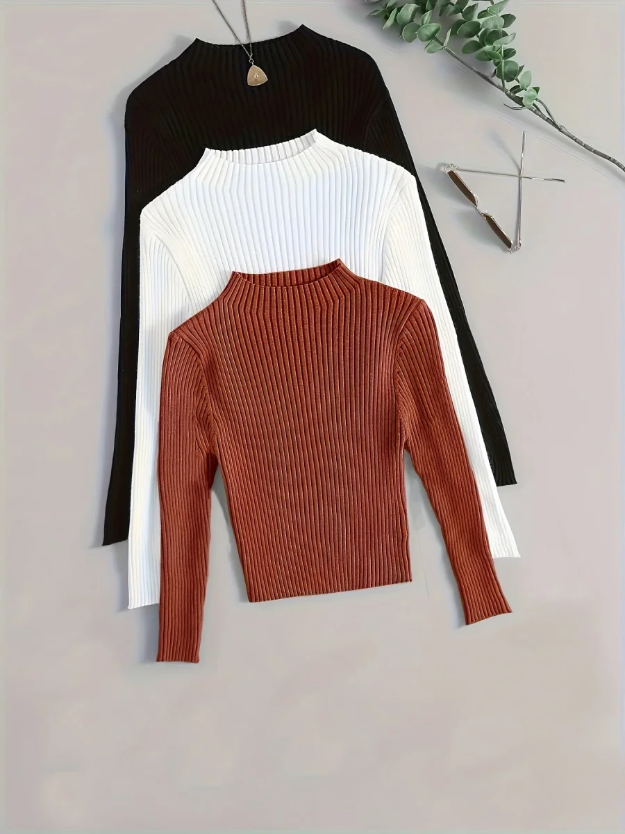 Pull côtelé à col montant pour femme, manches longues - Imagen 4