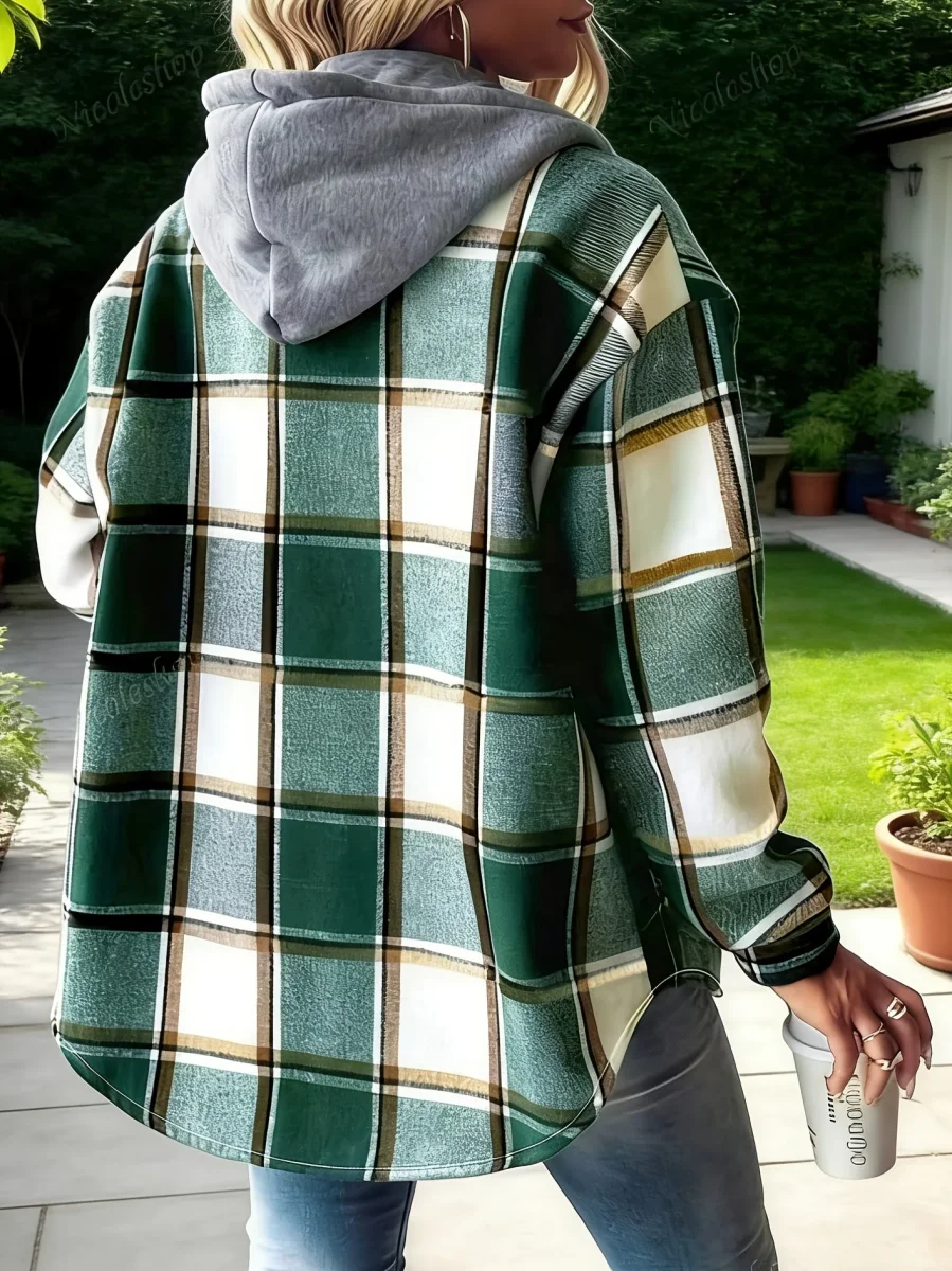 Surchemise Carreaux Femme Capuche Veste Chemise Verte Blanche - Imagen 4