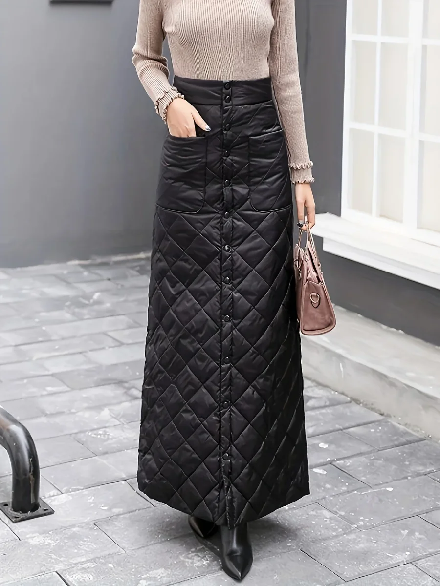 Jupe longue matelassée noire boutonnée taille haute pour femme - Imagen 7