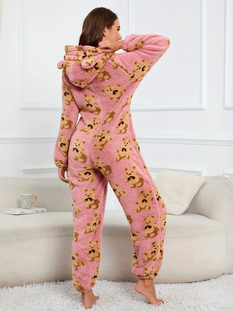 Combinaison Pyjama Polaire Femme à Capuche Ourson ou Pois Colorés Fermeture Éclair - Imagen 7