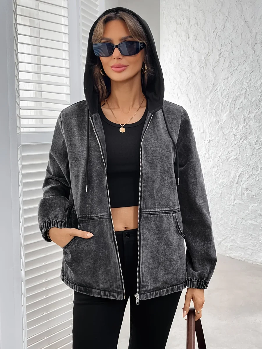 Veste à capuche femme gris délavé zippée poches à rabat - Imagen 5