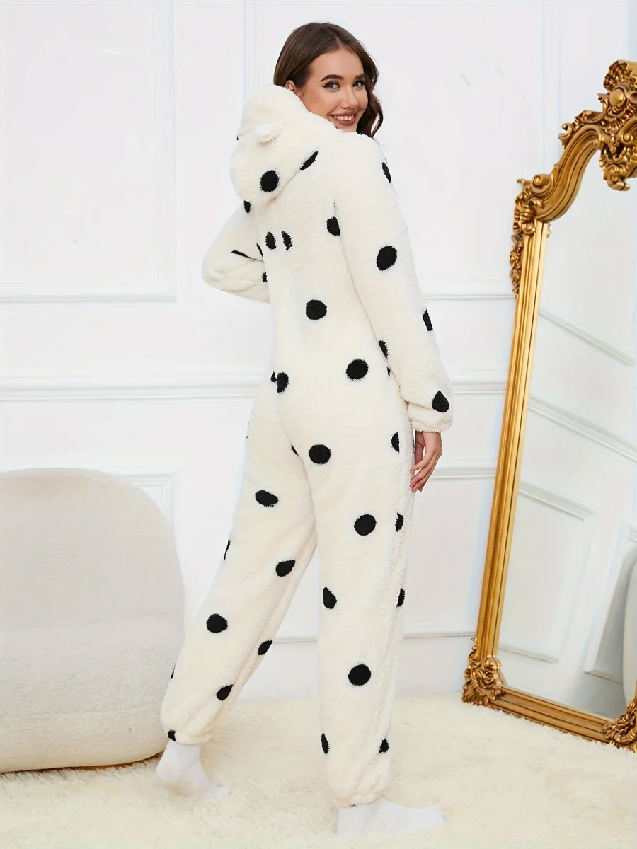 Combinaison Pyjama Polaire Femme à Capuche Ourson ou Pois Colorés Fermeture Éclair - Imagen 6