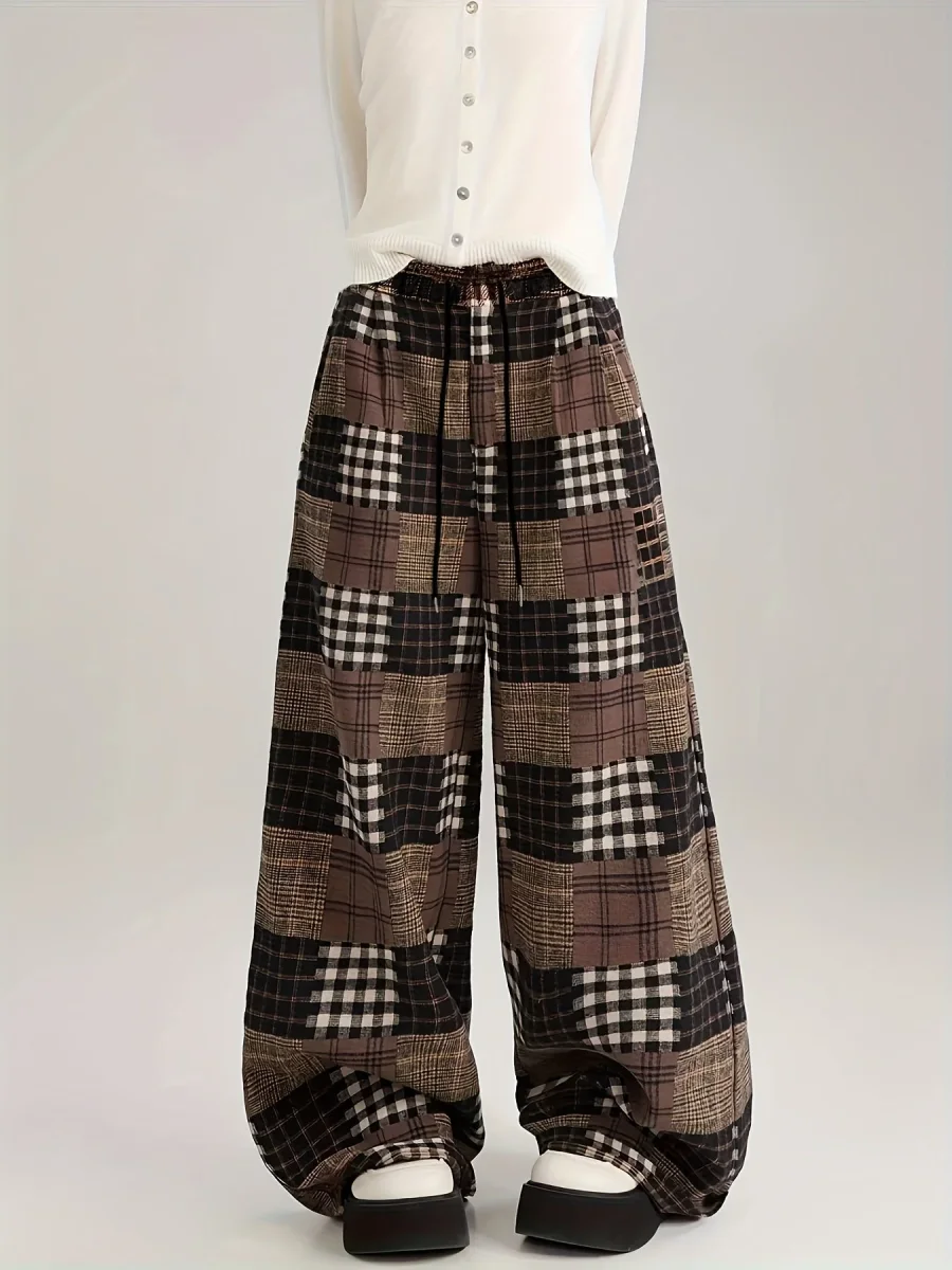 Pantalon large à carreaux style patchwork marron doublé doux - Imagen 5
