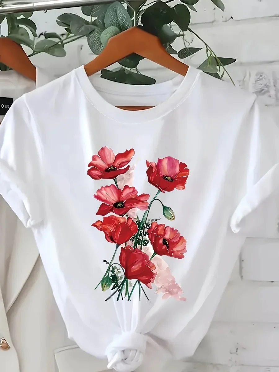 T-shirt Femme Style Décontracté à Imprimé Floral Artistique pour le Printemps et l'Été