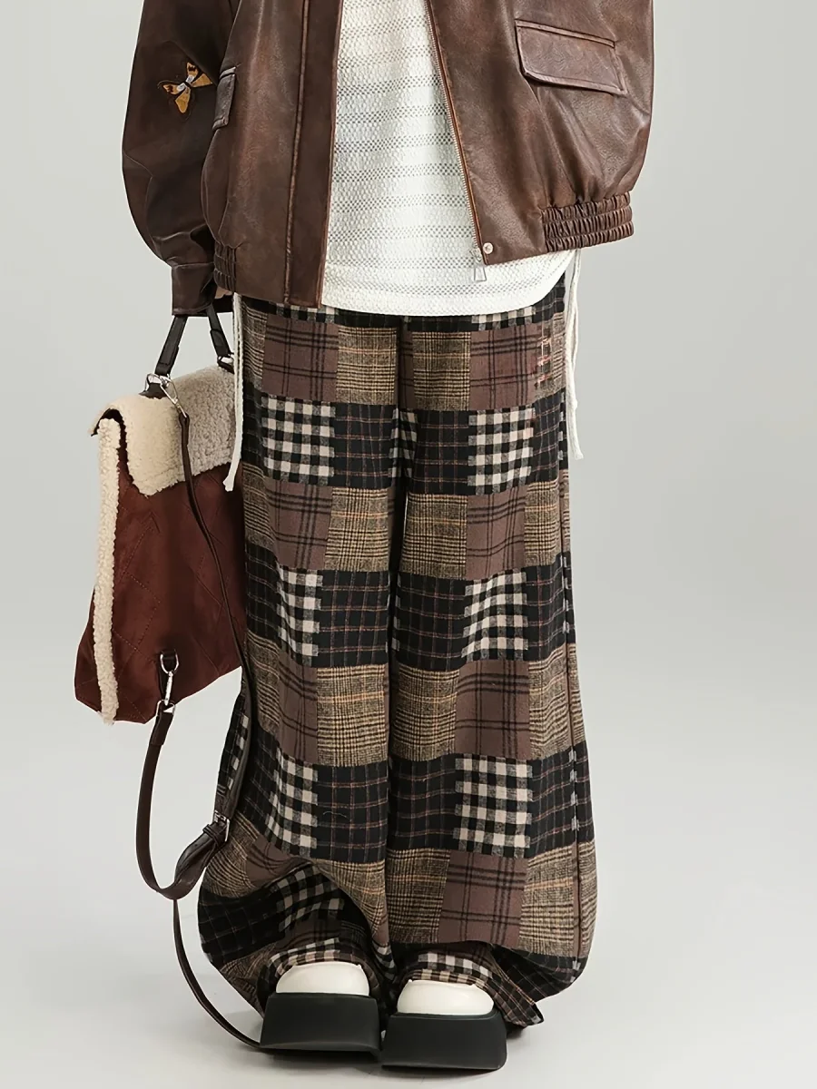Pantalon large à carreaux style patchwork marron doublé doux - Imagen 6