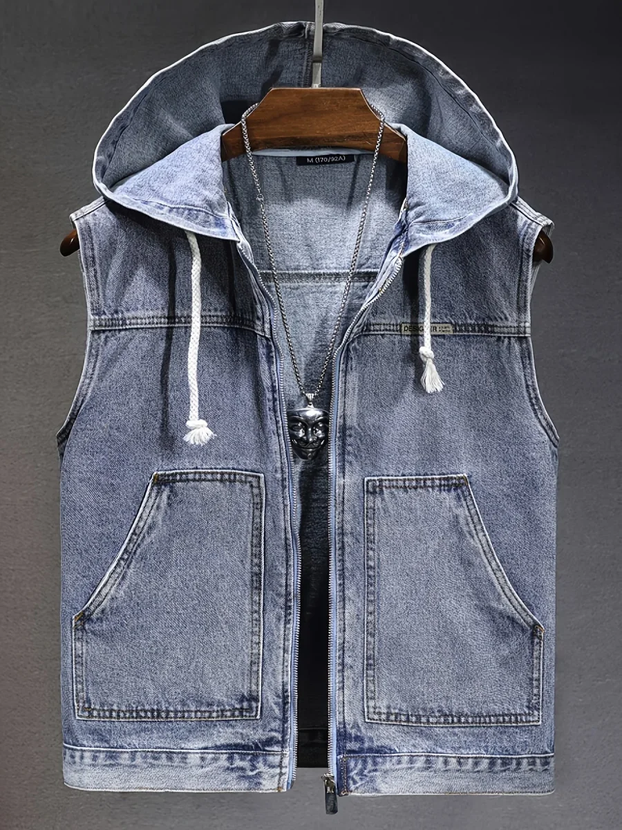 Veste sans manches à capuche pour homme en denim noir délavé - Imagen 3