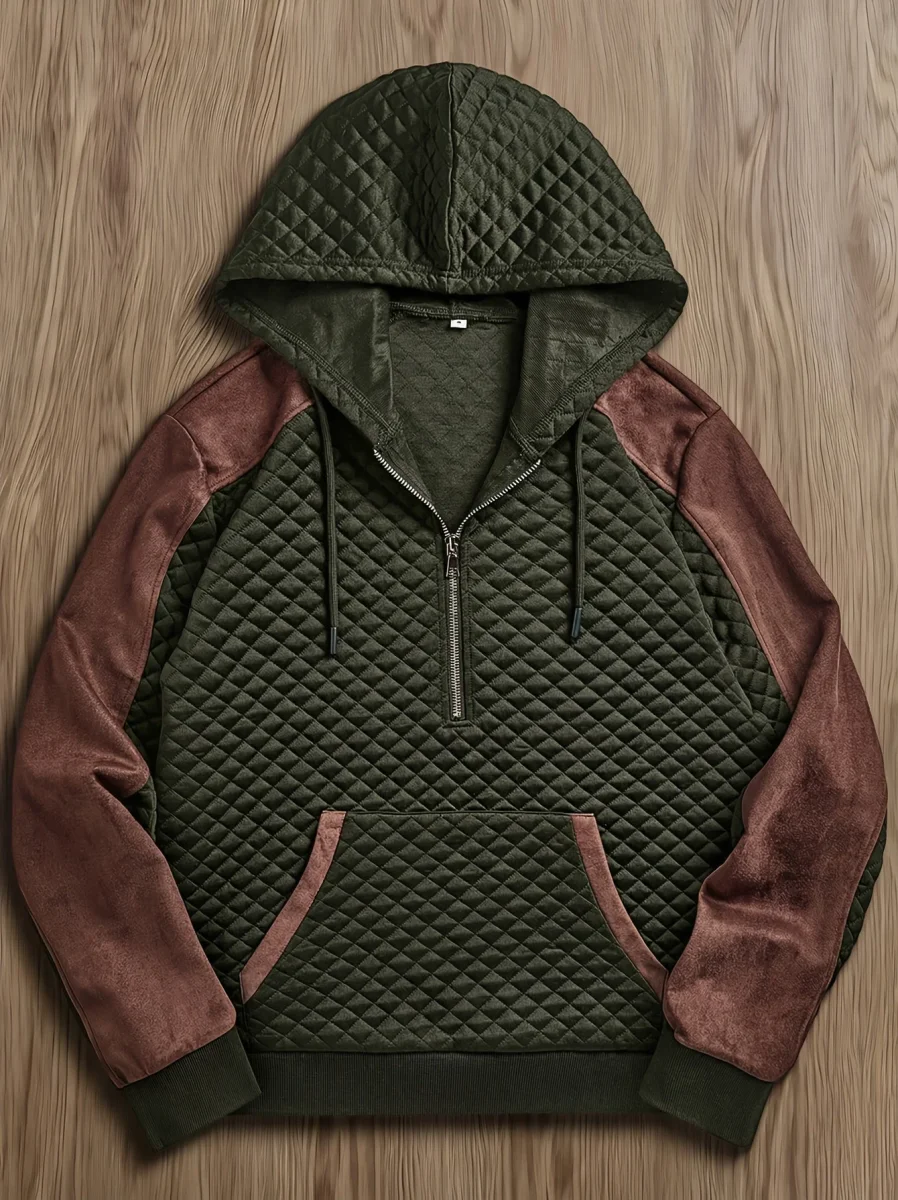 Sweat à Capuche Homme matelassé Noir Marron à Demi-Zip - Imagen 7