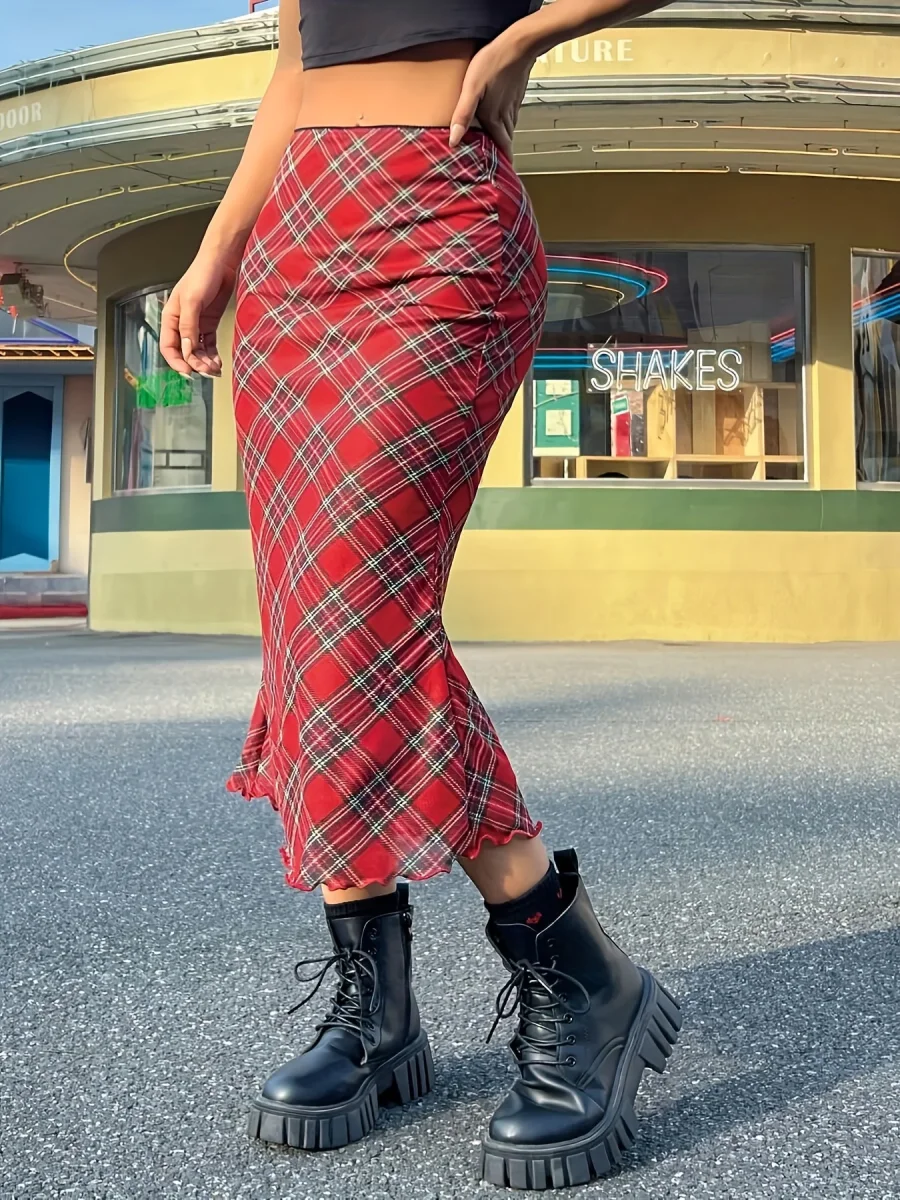 Jupe longue à carreaux géométriques style élégant pour femme - Imagen 3