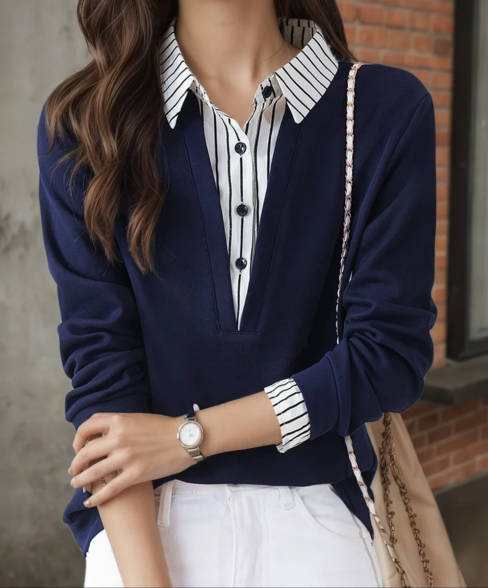 T-shirt Femme Col Chemise Rayé Manches Longues Faux Deux Pièces - Imagen 6