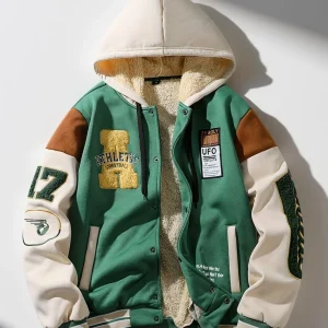 Blouson Teddy Homme Vert et Crème Doublé Capuche Style Universitaire