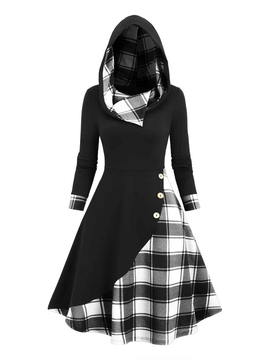 Robe à capuche femme asymétrique noire et à carreaux bicolores avec boutons décoratifs - Imagen 2